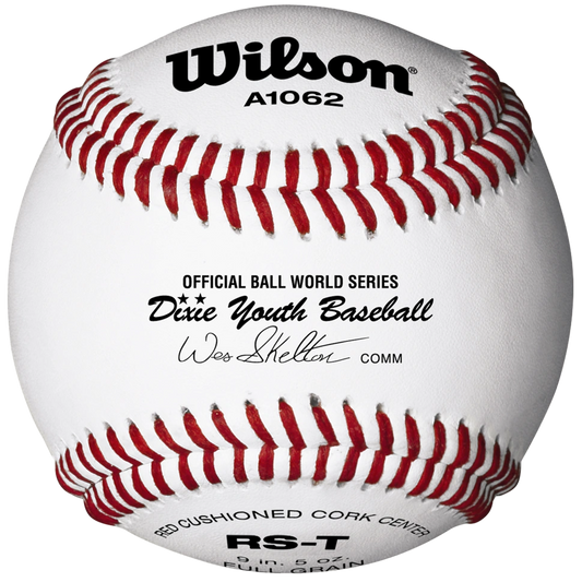 Dixie Youth tournament baseball with Wilson branding and red stitches. 