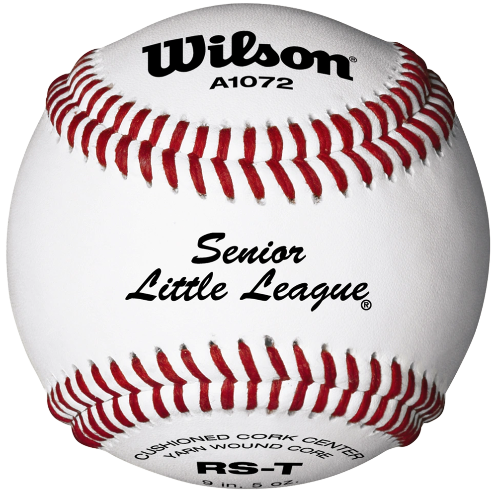 Wilson A1072 Baseball with Senior Little League branding and red stitching. 