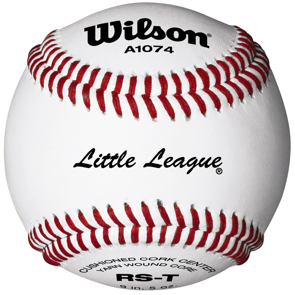 White Wilson A1074 Baseball with Little League branding and red stitches. 