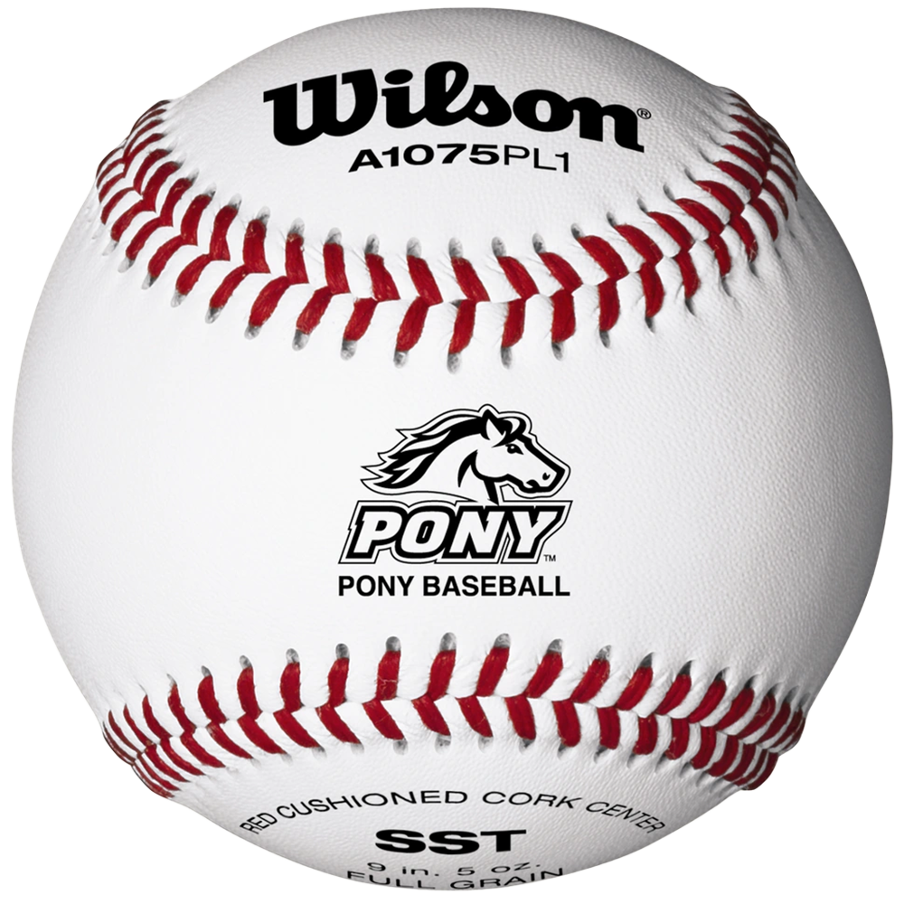 White Baseball with Wilson and Pony Baseball branding. Red stitching. 