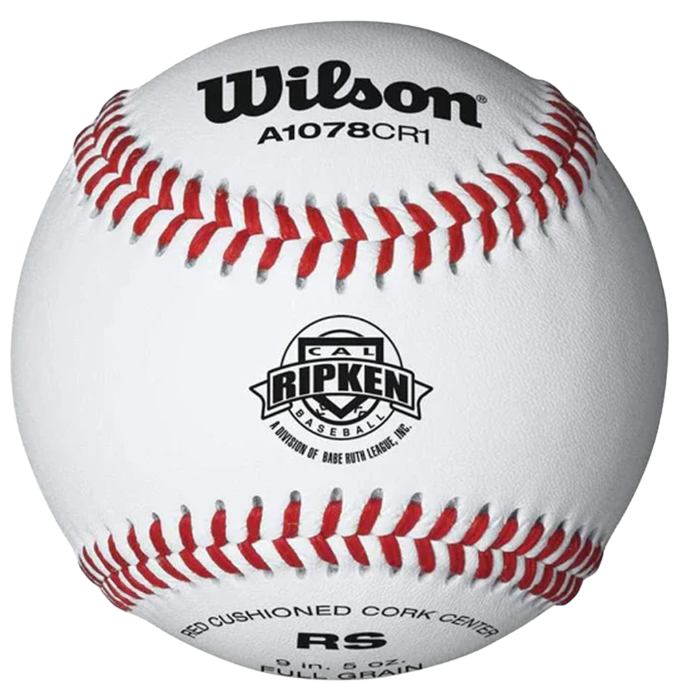 White baseball with red stitching. Wilson A1078CR1 and Cal Ripken branding. 
