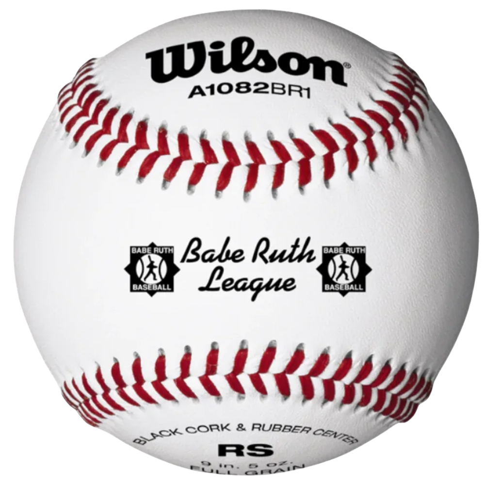 White Wilson A1082BR1 baseball with babe ruth league branding. Black cork & Rubber Center text at bottom. 