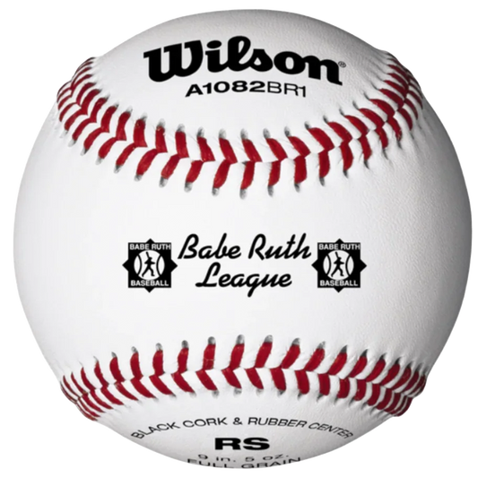 White Wilson A1082BR1 baseball with babe ruth league branding. Black cork & Rubber Center text at bottom. 