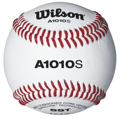 Wilson A1010S white baseball with red seams. 