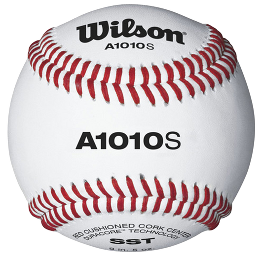 Wilson A1010S white baseball with red seams. 