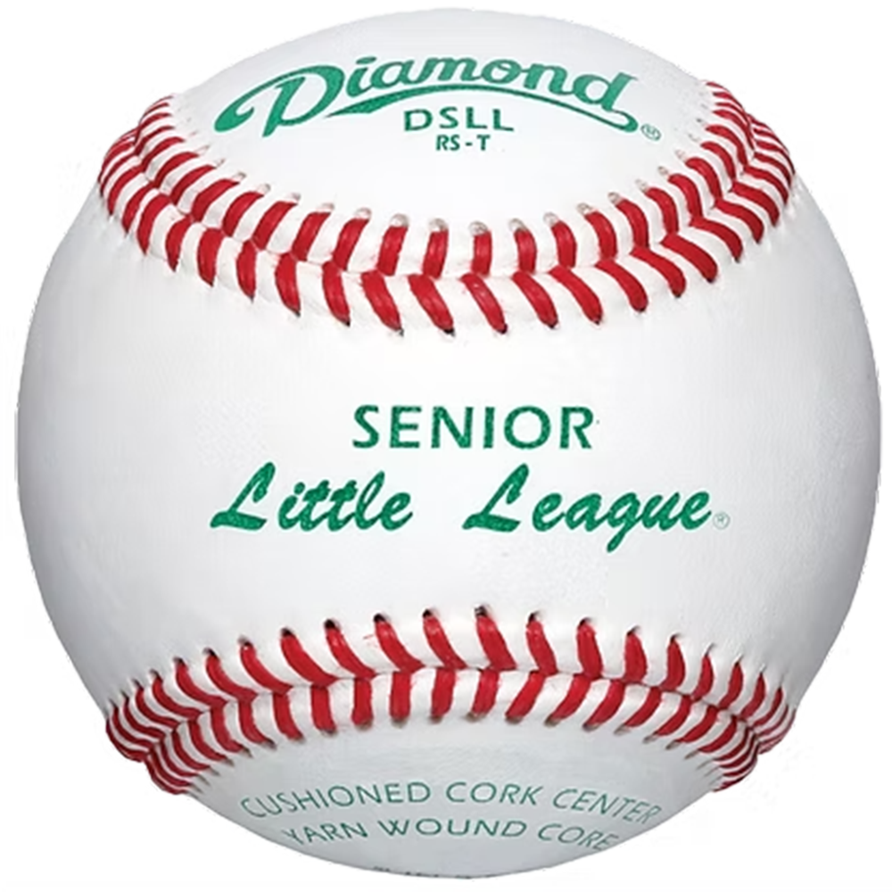 Baseball with red stitching and 'Diamond' branding and 'Senior Little League' in green text. 