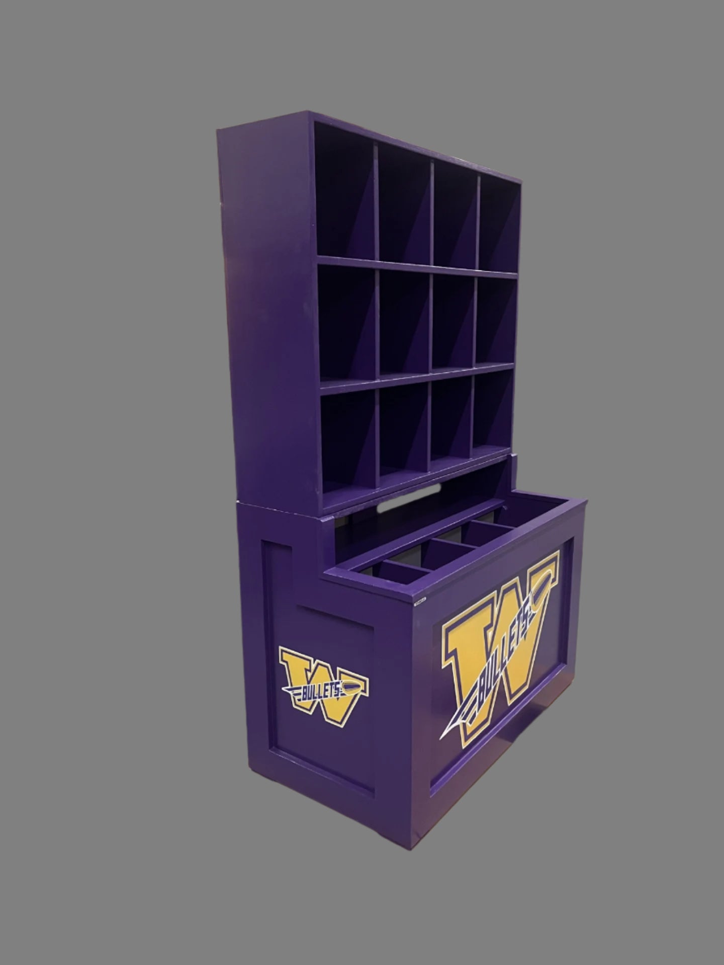 Purple Dugout storage unit with logo on a gray background