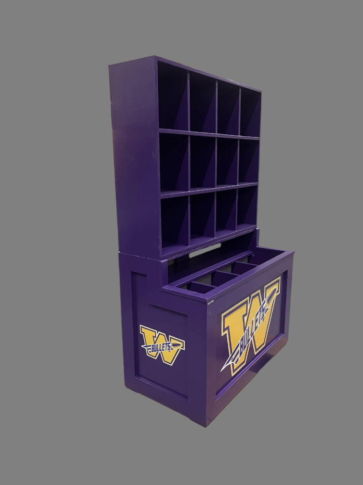 Purple Dugout storage unit with logo on a gray background