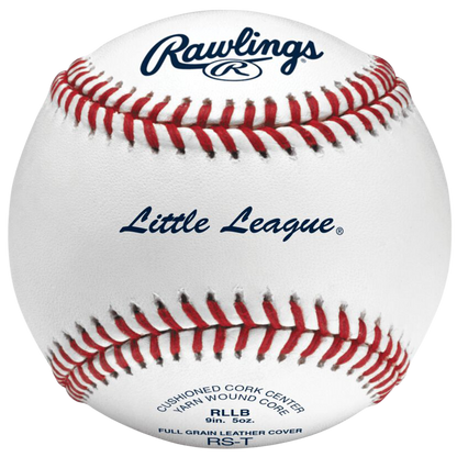 Rawlings Little League baseball with red and white stitching on a white leather