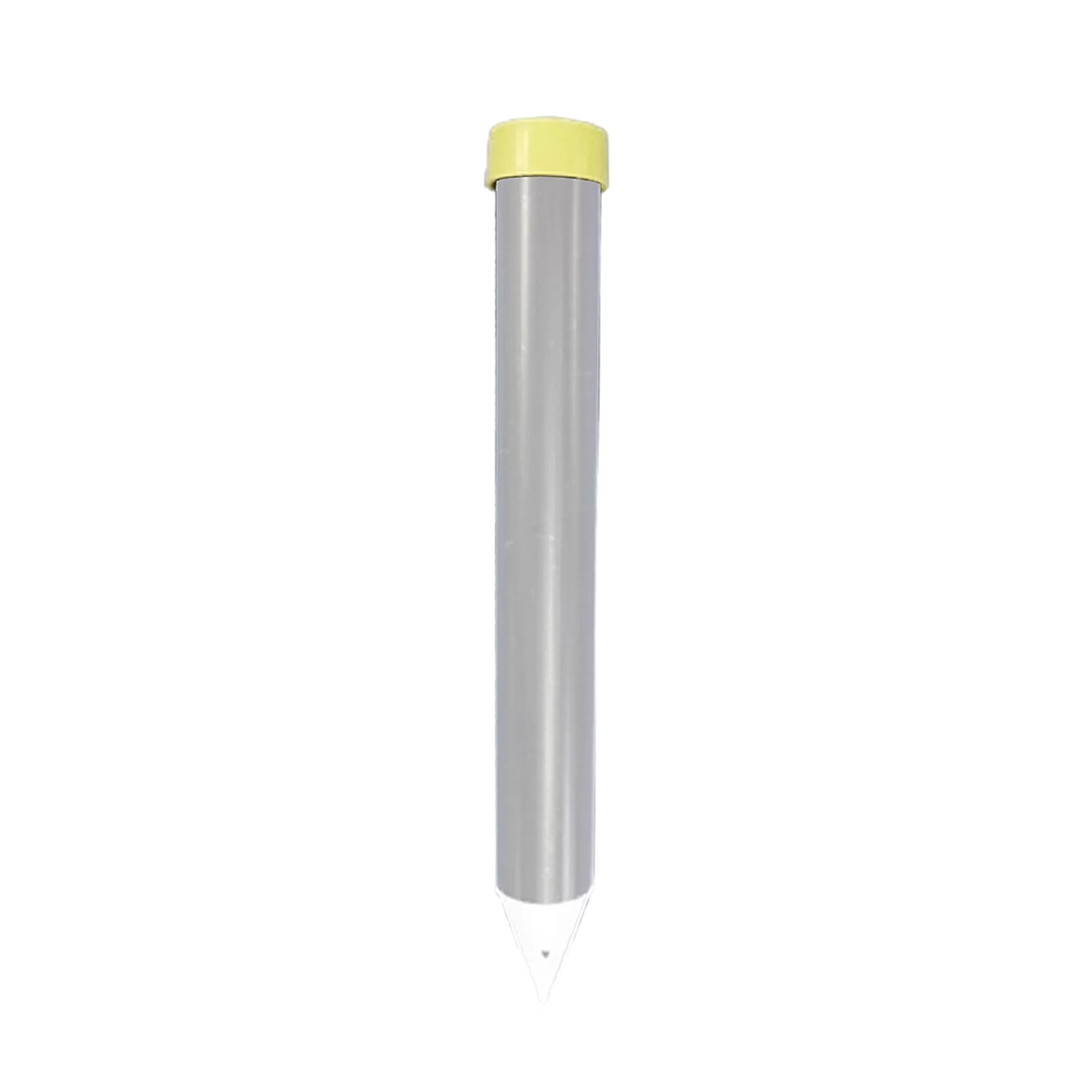 Silver metal stake with yellow cap for Grand Slam Fencing. 