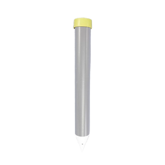 Silver metal stake with yellow cap for Grand Slam Fencing. 