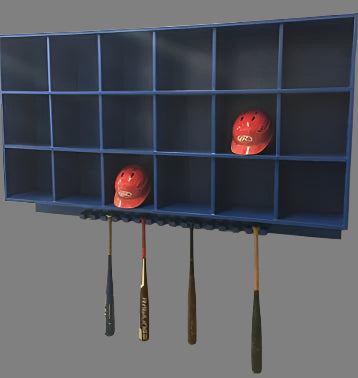 Blue dugout storage rack with compartments holding red helmets and slots for bats, mounted on a wall.