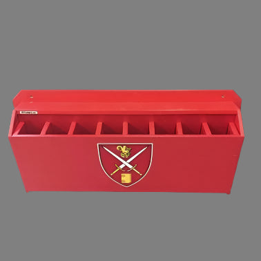 Angled 8 Bat Rack, bats angle away from the wall for use underneath existing helmet or player equipment racks. Add team logo at no added cost