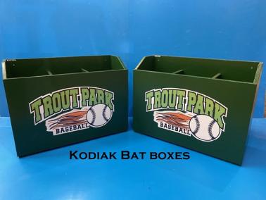 Kodiak bat storage boxes with a team logo on the front. Trout Park