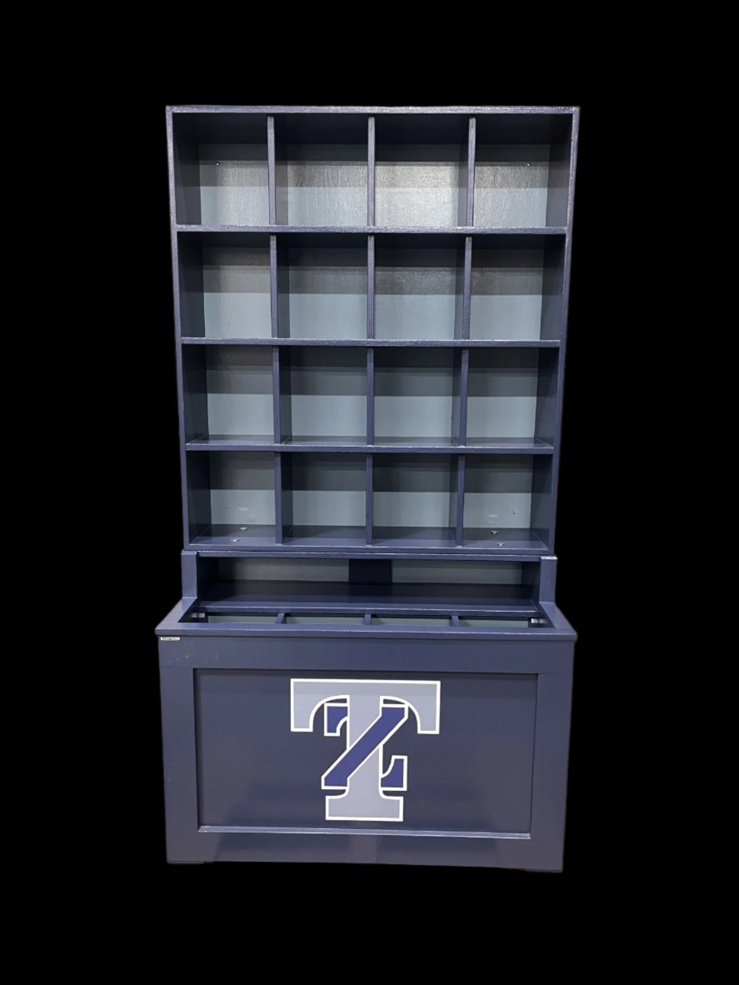 Blue storage unit with a logo on a pallet in a warehouse setting