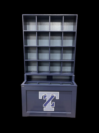 Blue storage unit with a logo on a pallet in a warehouse setting